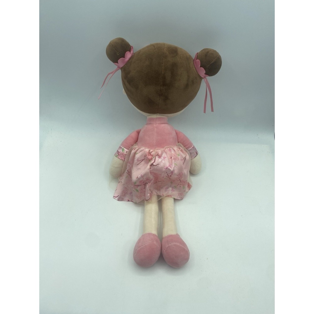 LeyaDoll Brown Hair Girl Doll Plush 17" Pink Dress White Flowers Stuffed Toy - Picture 2 of 3